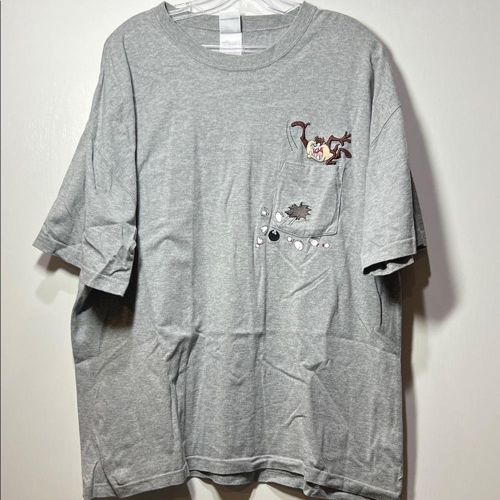 Vintage 1999 Warner Bros Tasmanian Devil Bowling Gray Embroidered Tee XL